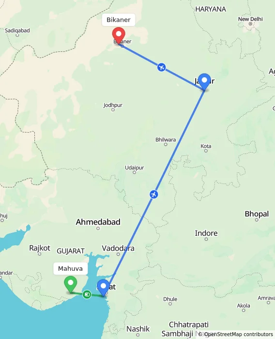 Route map showing distance and travel time from Mahuva, India to Bikaner, India