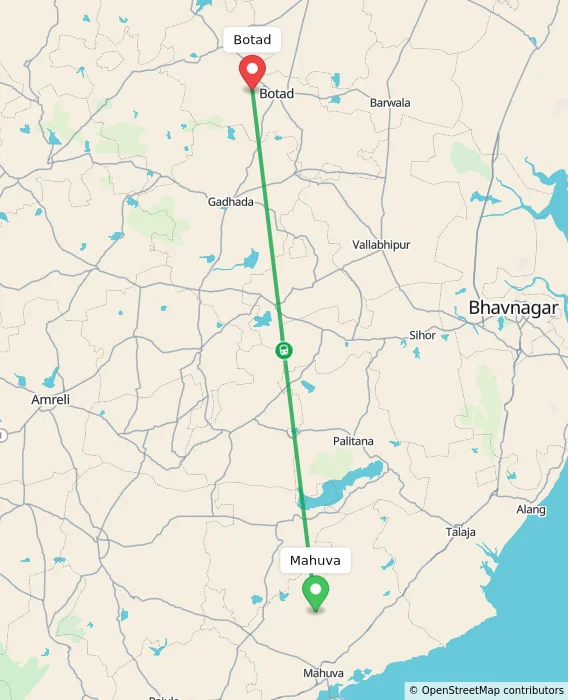 Route map showing distance and travel time from Mahuva, India to Botad, India
