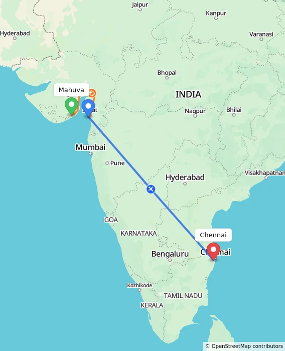 Route map showing distance and travel time from Mahuva, India to Chennai, India
