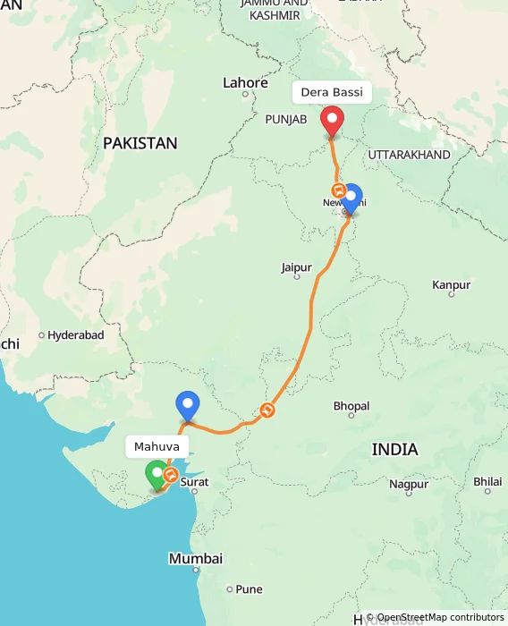 Route map showing distance and travel time from Mahuva, India to Dera Bassi, India