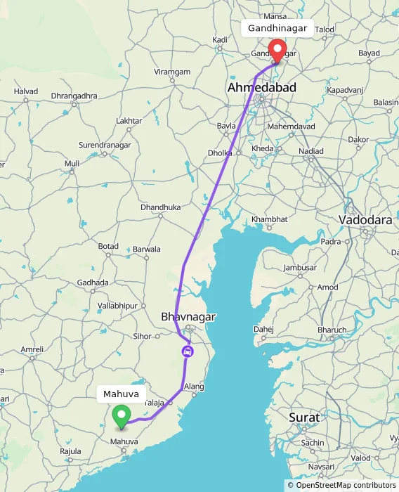Route map showing distance and travel time from Mahuva, India to Gandhinagar, India