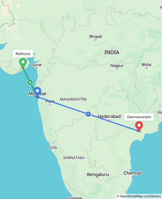 Route map showing distance and travel time from Mahuva, India to Gannavaram, India