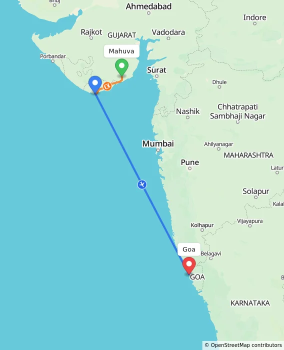 Route map showing distance and travel time from Mahuva, India to Goa, India