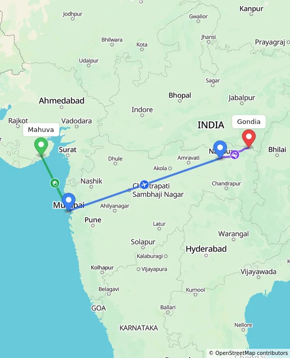 Route map showing distance and travel time from Mahuva, India to Gondia, India