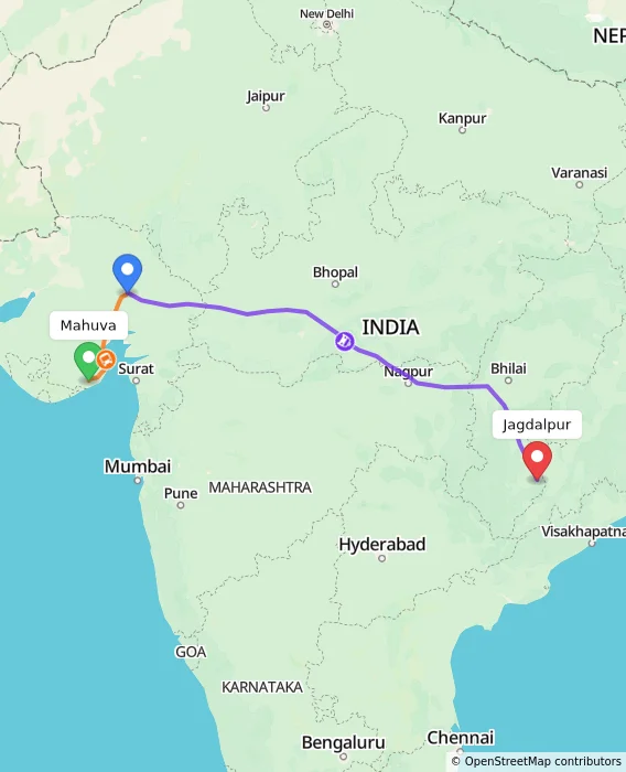 Route map showing distance and travel time from Mahuva, India to Jagdalpur, India