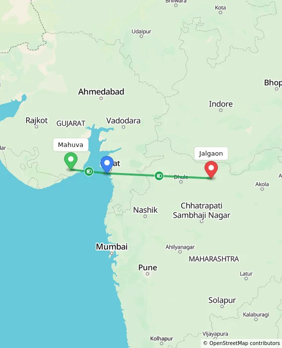Route map showing distance and travel time from Mahuva, India to Jalgaon, India