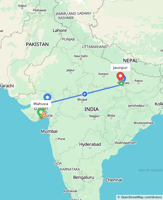 Route map showing distance and travel time from Mahuva, India to Jaunpur, India