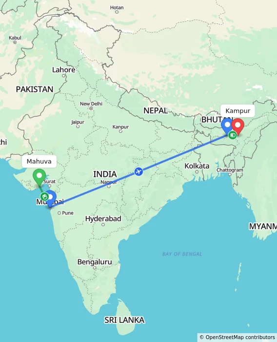 Route map showing distance and travel time from Mahuva, India to Kampur, India