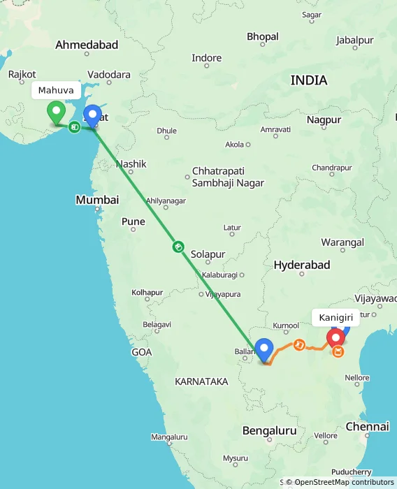 Route map showing distance and travel time from Mahuva, India to Kanigiri, India