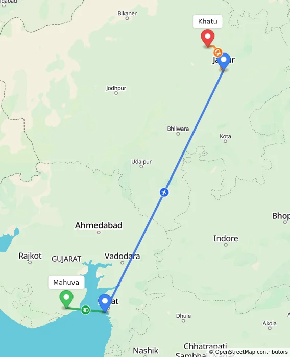 Route map showing distance and travel time from Mahuva, India to Khatu, India