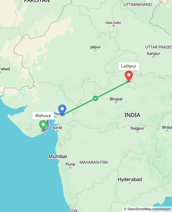 Route map showing distance and travel time from Mahuva, India to Lalitpur, India
