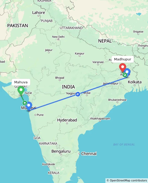 Route map showing distance and travel time from Mahuva, India to Madhupur, India