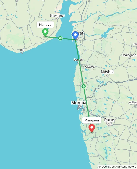 Route map showing distance and travel time from Mahuva, India to Mangaon, India