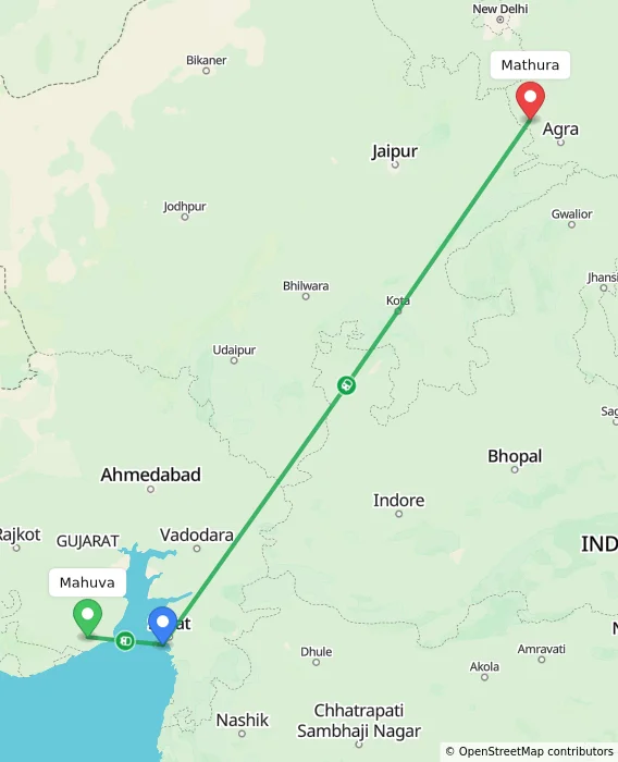 Route map showing distance and travel time from Mahuva, India to Mathura, India