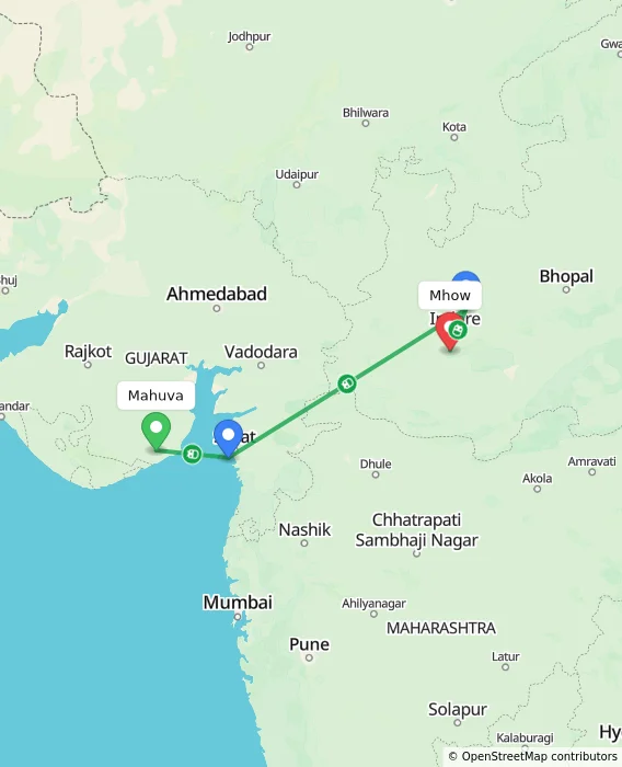 Route map showing distance and travel time from Mahuva, India to Mhow, India