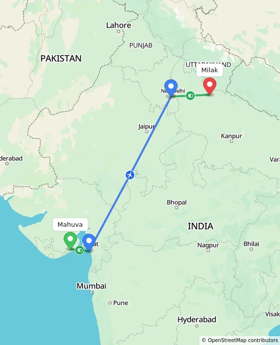Route map showing distance and travel time from Mahuva, India to Milak, India