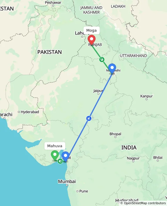Route map showing distance and travel time from Mahuva, India to Moga, India