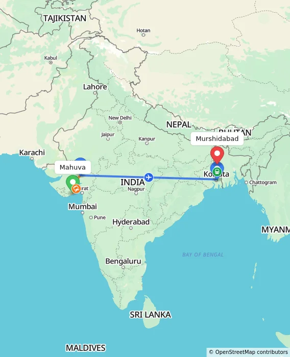 Route map showing distance and travel time from Mahuva, India to Murshidabad, India
