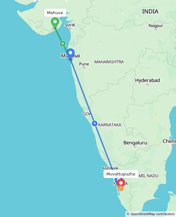 Route map showing distance and travel time from Mahuva, India to Muvattupuzha, India