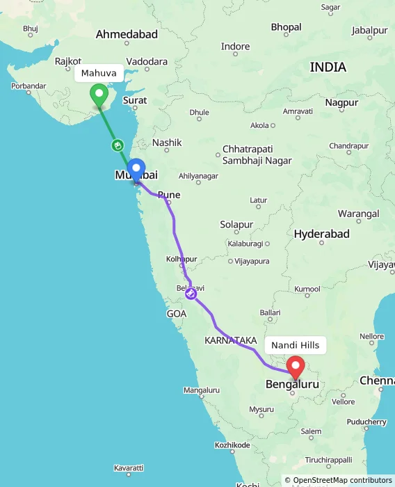 Route map showing distance and travel time from Mahuva, India to Nandi Hills, India
