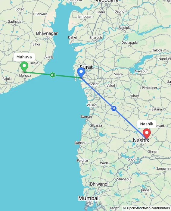 Route map showing distance and travel time from Mahuva, India to Nashik, India
