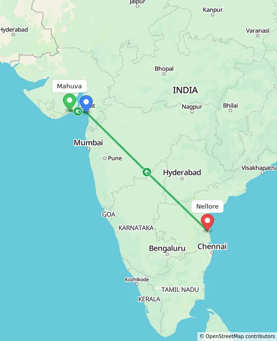 Route map showing distance and travel time from Mahuva, India to Nellore, India