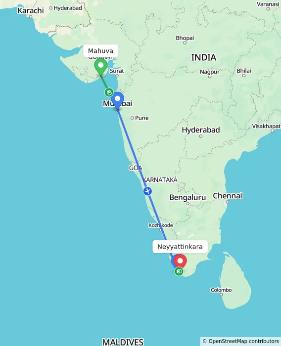 Route map showing distance and travel time from Mahuva, India to Neyyattinkara, India