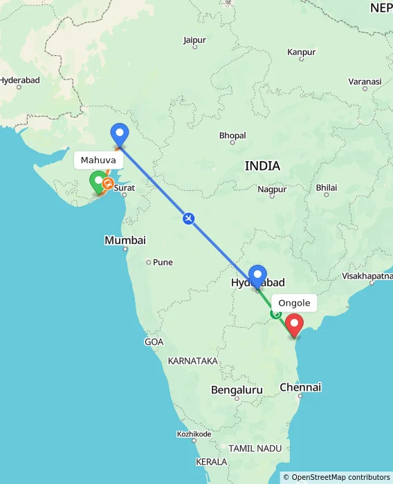 Route map showing distance and travel time from Mahuva, India to Ongole, India