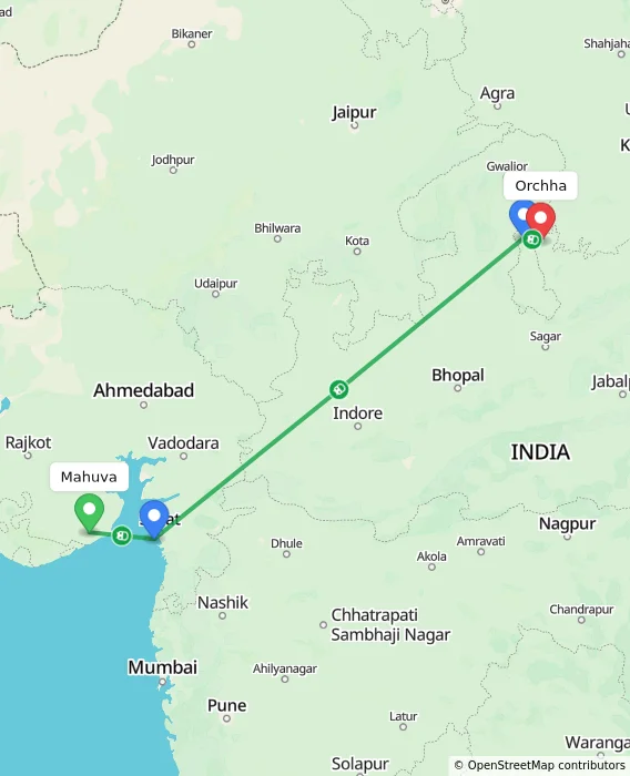 Route map showing distance and travel time from Mahuva, India to Orchha, India