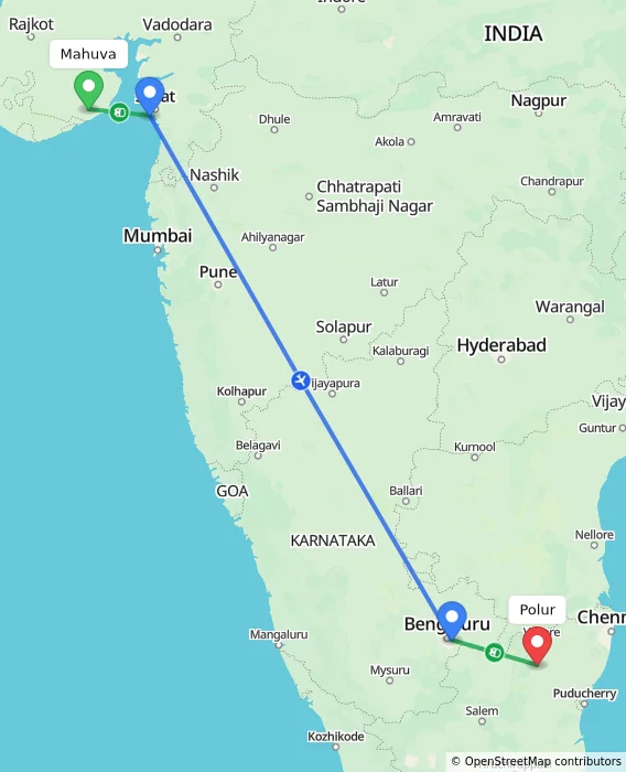 Route map showing distance and travel time from Mahuva, India to Polur, India
