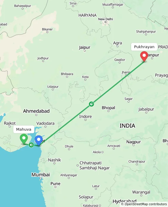 Route map showing distance and travel time from Mahuva, India to Pukhrayan, India
