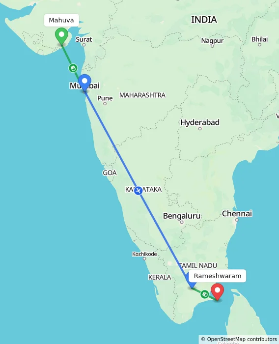 Route map showing distance and travel time from Mahuva, India to Rameshwaram, India