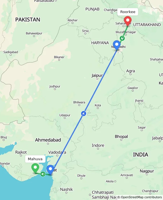 Route map showing distance and travel time from Mahuva, India to Roorkee, India