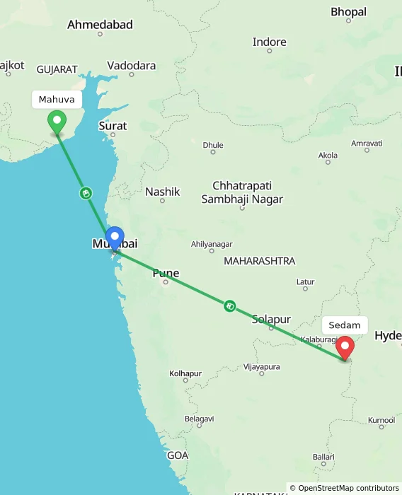 Route map showing distance and travel time from Mahuva, India to Sedam, India