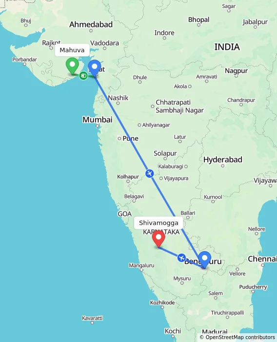 Route map showing distance and travel time from Mahuva, India to Shivamogga, India