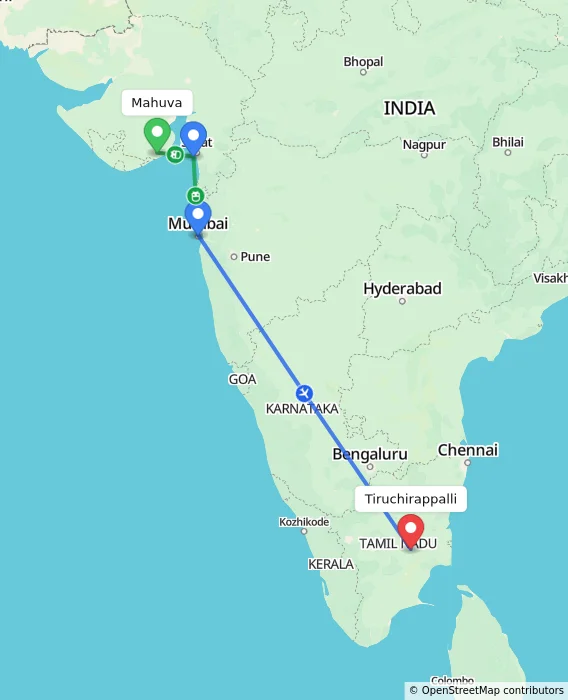 Route map showing distance and travel time from Mahuva, India to Tiruchirappalli, India