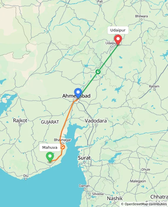Route map showing distance and travel time from Mahuva, India to Udaipur, India