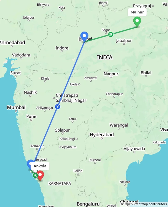 Route map showing distance and travel time from Maihar, India to Ankola, India