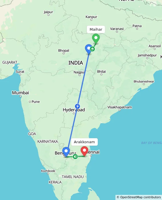 Route map showing distance and travel time from Maihar, India to Arakkonam, India