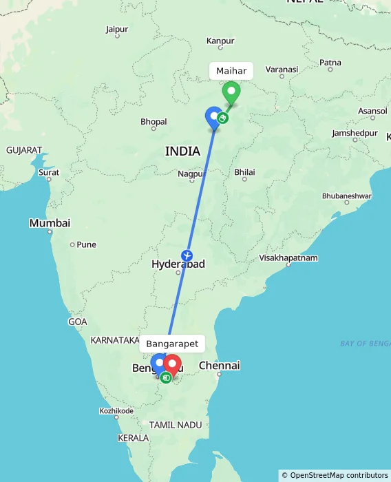 Route map showing distance and travel time from Maihar, India to Bangarapet, India