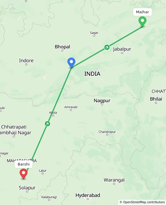Route map showing distance and travel time from Maihar, India to Barshi, India