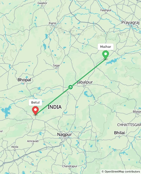 Route map showing distance and travel time from Maihar, India to Betul, India