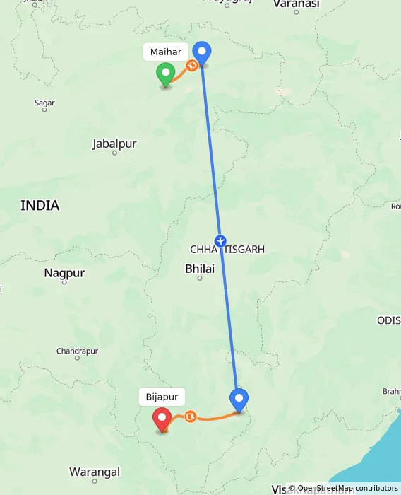 Route map showing distance and travel time from Maihar, India to Bijapur, India