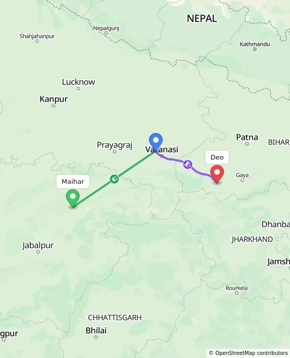 Route map showing distance and travel time from Maihar, India to Deo, India