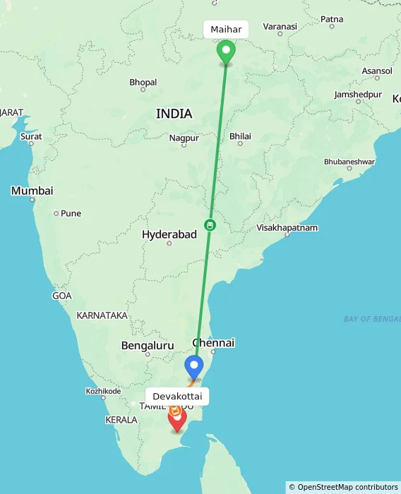 Route map showing distance and travel time from Maihar, India to Devakottai, India