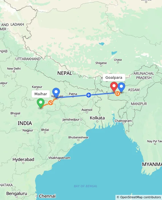 Route map showing distance and travel time from Maihar, India to Goalpara, India