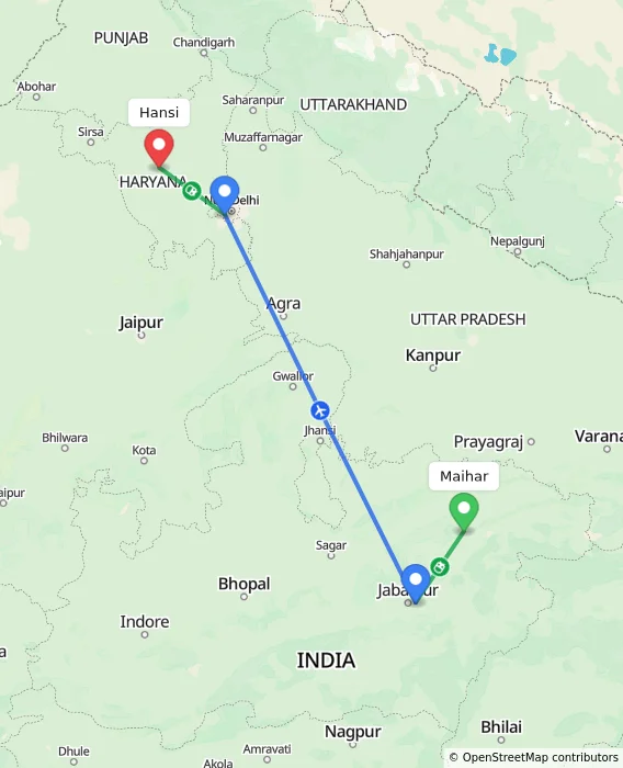 Route map showing distance and travel time from Maihar, India to Hansi, India
