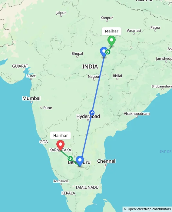 Route map showing distance and travel time from Maihar, India to Harihar, India