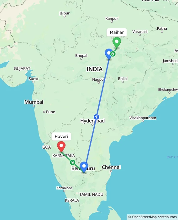 Route map showing distance and travel time from Maihar, India to Haveri, India