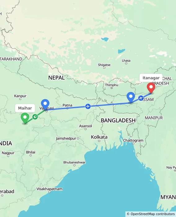 Route map showing distance and travel time from Maihar, India to Itanagar, India